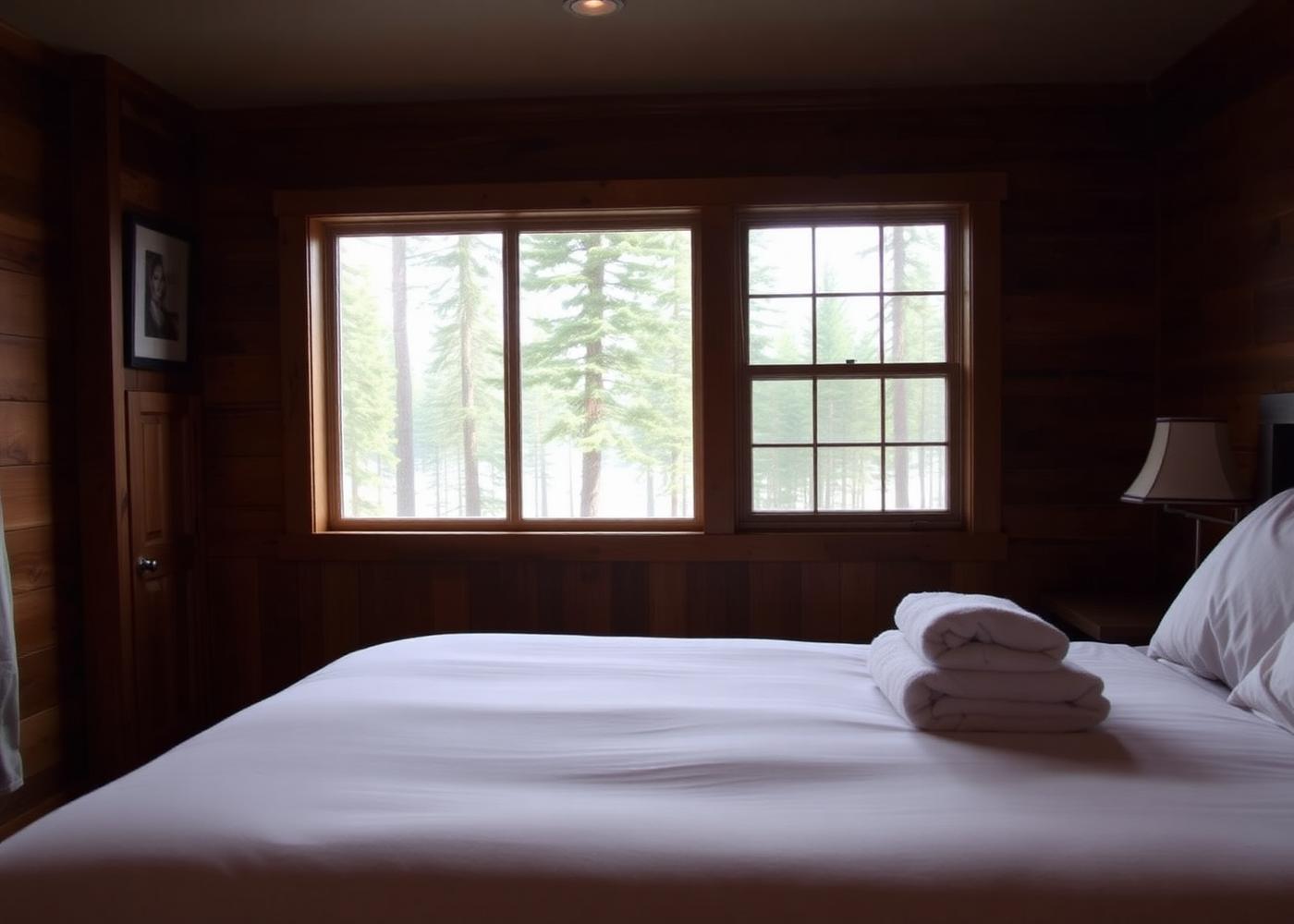 Clean cabin bedroom with folded towels